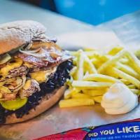 Mushroom Burger · Meat, Grill onions, mushrooms, swiss cheese and pickles.