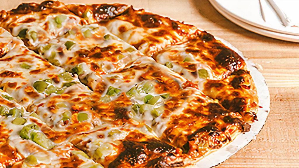 14 Inch Deluxe Work Pizza · Made with sausage, pepperoni, onions, mushrooms and the freshest sliced-and-diced green peppers. Topped with plenty of mozzarella cheese.