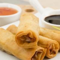 4 Piece Baby Shrimp Egg Roll · Homemade baby egg roll filled with ground chicken, shrimp, black mushroom and bean thread no...