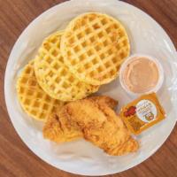 Chicken & Waffles · Two chicken tenders, three waffles, syrup