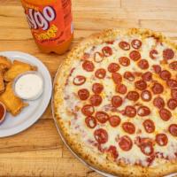 Bob'S Large Pizza & Wing Combo · 1 - large cheese pizza with up to 2 FREE items, 12 pieces wing dings plus a 2 liter of Faygo.