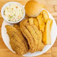 Catfish Dinner · 3 Pieces of cornmeal breaded catfish with hot sauce.