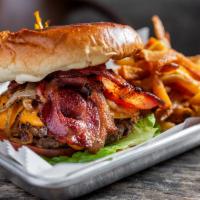 Hamburger Lunch · Most popular. Burger served on a brioche bun with cheddar cheese, lettuce, tomato, bacon, gr...