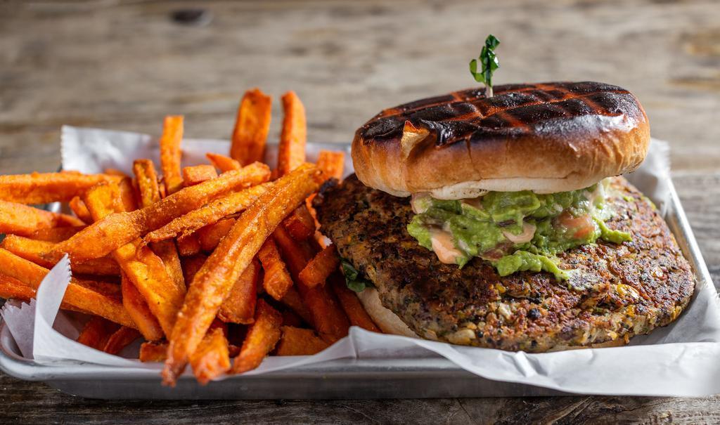 Veggie Burger Lunch · Veggie burger served on a brioche bun with feta cheese, arugula, tomato, guacamole, and chipotle mayo. Served with sweet potatoes fries.