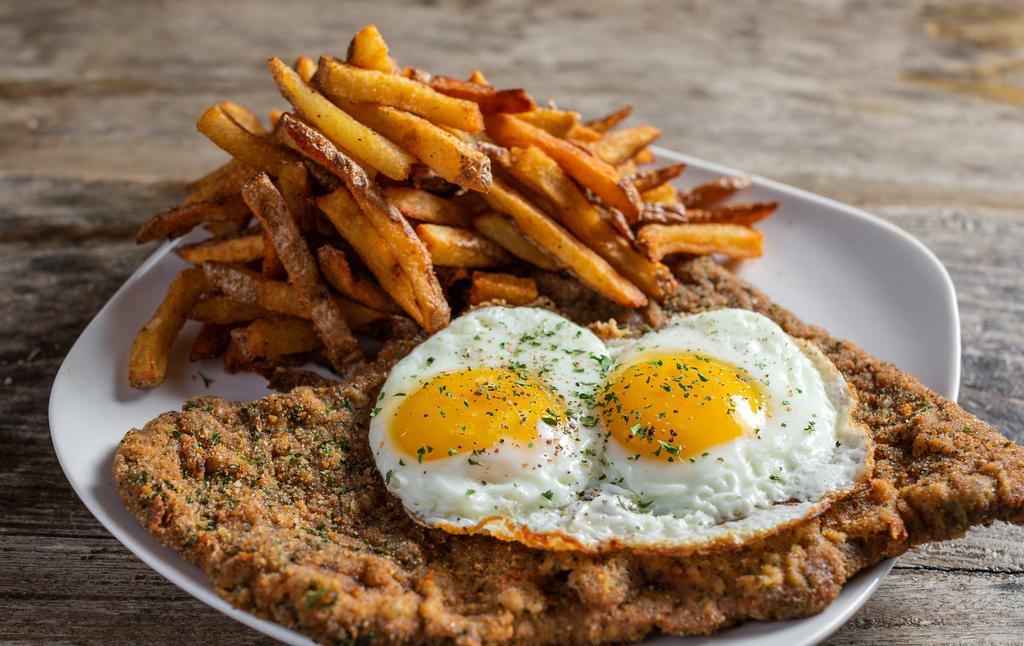 Milanesa A Caballo Lunch · Breaded steak or chicken with two eggs on top. Served with freshly cut fries.