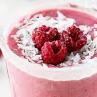 Raspberry Coconut · 137 cal, (no protein). Raspberries, strawberries, banana, lime, coconut water.
