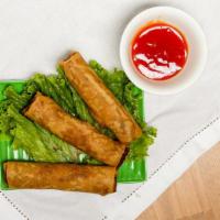 Vietnamese Eggrolls (4) · Wonton wrapped with chicken, mushrooms, vermicelli noodles, onions, cabbage, carrots.