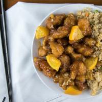 Orange Chicken (Qt) · Quart-sized portion. served with a choice of side.