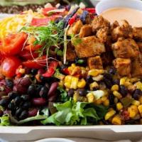 Southwest Chicken Salad · Spiced, diced chicken served with tortilla chipes, cheddar cheese, corn and peach salsa and ...