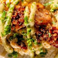Shrimp And Bacon · Blackened shrimp with bacon topped with Elote and avocado salsa.