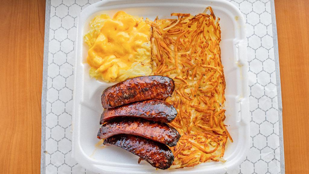 Beef Sausage Breakfast · Virginia brand mild sausage with 3 eggs, hash browns or grits or 2 pancakes, toast and jelly.