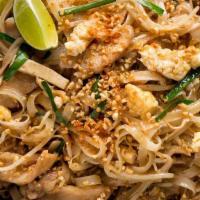 Pad Thai  · Stir-fried rice noodles with green onions, bean sprouts and eggs topped with peanuts.