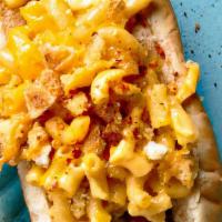 Mac & Cheese Dog · Mac and cheese, bacon, tomato.
