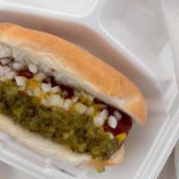 Purebred Dog · This hot dog comes in it's natural form with your choice or all of the following:  ketchup, ...