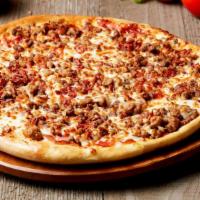 6 Meat Pizza · Italian Sausage, Beef, Bacon, Pepperoni, Canadian Bacon, and Sausage.