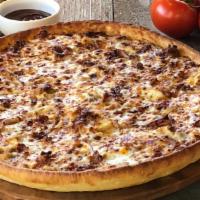 Bbq Chicken Pizza · Chicken, Bacon, Onions, Cheddar Cheese, Mozzarella, BBQ Sauce.