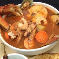 Caldo Siete Mares · Mixed seafood: Shrimp, fish, crab legs, mussels, abalone.