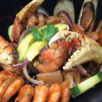 Molcajete La Sirena · Seafood w/ hot sauce: crab legs, shrimp, octopus, prawns, mussels, abalone & surimi.