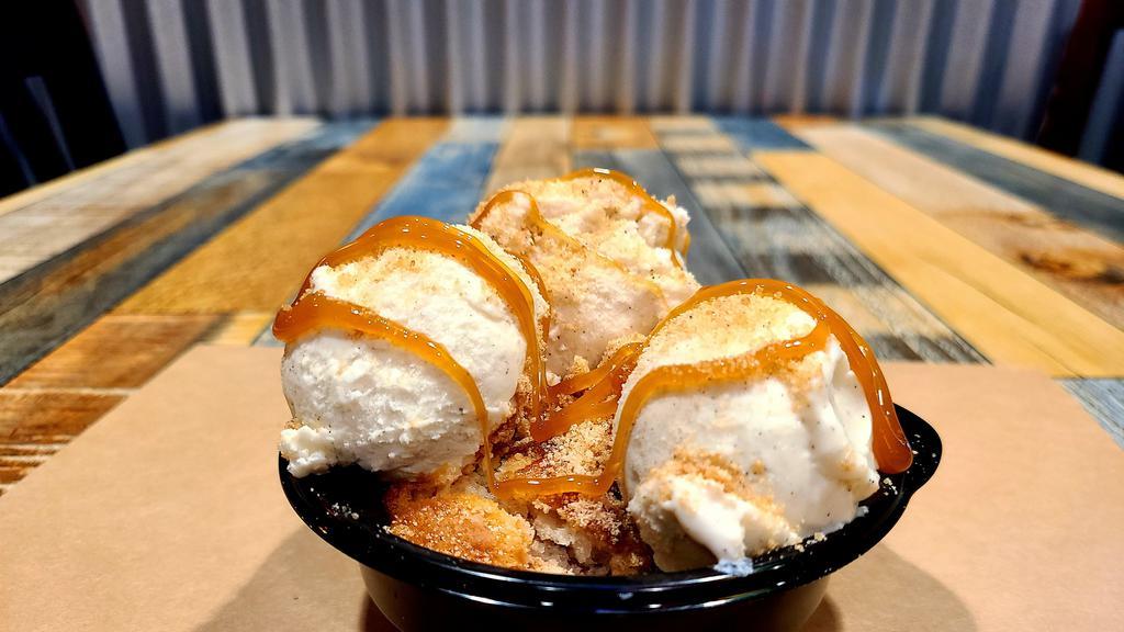 Homemade Peach Cobbler · Served with vanilla bean ice cream and caramel.
Ice cream will be served on the side.