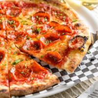 Pepperoni With Hot Honey · Red sauce, mozzarella, pepperoni, parmesan, hot honey, and chives.