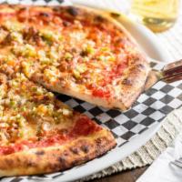 Sausage With Giardiniera · Red sauce, mozzarella, parmesan, Italian sausage, and house made giardiniera.