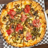 Roasted Veggie · Garlic oil, mozzarella, parmesan, roasted mushrooms, onion, green pepper, and tomato confit.