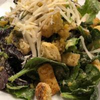 Entree Caesar Salad (Gf) · Romaine lettuce, cashew & caper Caesar dressing, garlic hemp-seed crumble, and grated fresh ...
