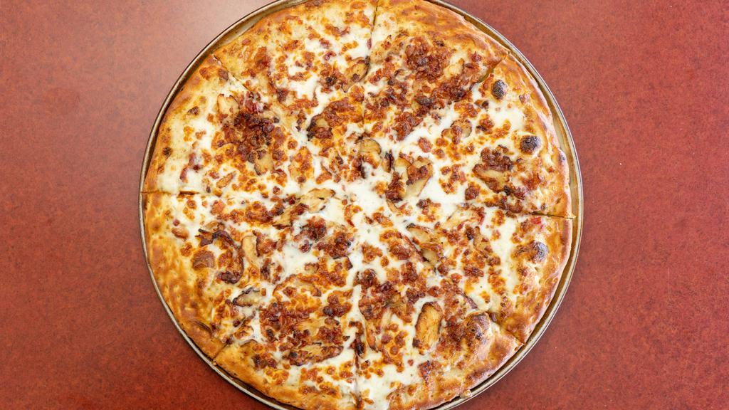 Girl'S Best Friend · Our original comfort Pizza topped with Ranch sauce, chicken and bacon.