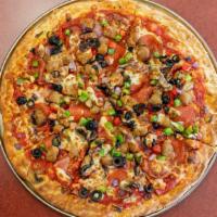 Deluxe Pizza · Original Deluxe pie topped with Marinara sauce, Mozzarella Cheese, Pepperoni, Ham, Italian S...
