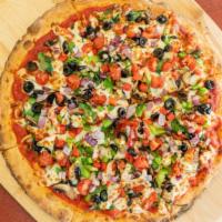 Veg Island Cauliflower Pizza Crust · Our vegetarian Pizza is topped with Marinara Sauce, Mozzarella Cheese, Bell Pepper, Black Ol...