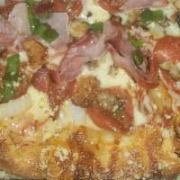 Corsi Special Small Pizza · Eight slices. Cheese, pepperoni, ham, bacon, mushrooms, green peppers, and onions.