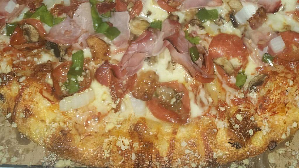 Corsi Special Small Pizza · Eight slices. Cheese, pepperoni, ham, bacon, mushrooms, green peppers, and onions.
