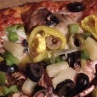 Veggie Small Pizza · Eight slices. Cheese, onion, green pepper, mushrooms, black and green olives, and mild peppe...