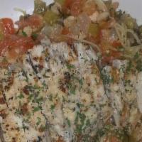 Chicken Bruschetta Pasta · Grilled chicken breast, tomatoes, garlic, basil, and onions sauteed in olive oil with angel ...