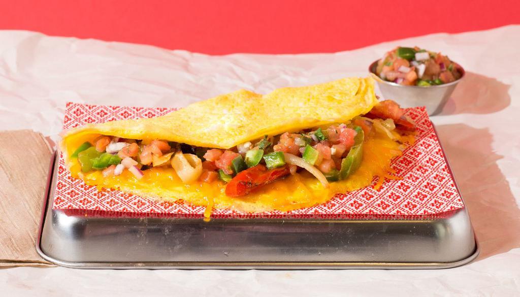Vegetarian Omelette · Omelette filled with onion, jalapenos, pico de gallo, and cheese.
