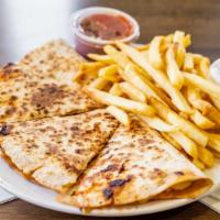 Chicken Or Steak Quesadilla · Choice of chicken or steak, mozzarella cheese and our homemade rolled in a large flour torti...