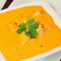 Paneer Butter Masala · Fresh homemade Indian cheese cooked in a creamy tomato sauce. Include basmati rice. Gluten-f...
