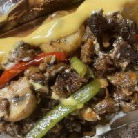 Philly Cheese Steak · Vegan. Cheese or dairy cheese red peppers, green peppers, and onions mushrooms come with fri...