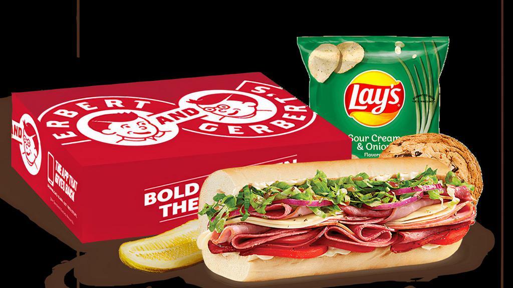 Box Lunch Flash · A sandwich with Capicola, Salami, Ham, Provolone Cheese, Oregano, Hellmann’s® Mayo, Lettuce, Tomato, Onion and Oil & Vinegar Dressing that comes with a choice of side, pickle & a cookie.<br>(1,100 - 2,270 Cal)