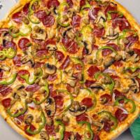 Supreme Shuffle Pizza · Italian sausage,  pepperoni, onions, green peppers, mushrooms and green olives.