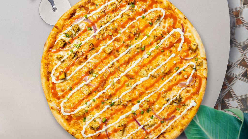Buffalo Rider Pizza · Spicy. Frank's red hot sauce, grilled  chicken and  cheese, served with a side of  blue cheese dressing.