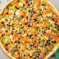 Veggie In Vain Pizza · Onions, mushrooms, green peppers, black and green olives, extra  cheese.
