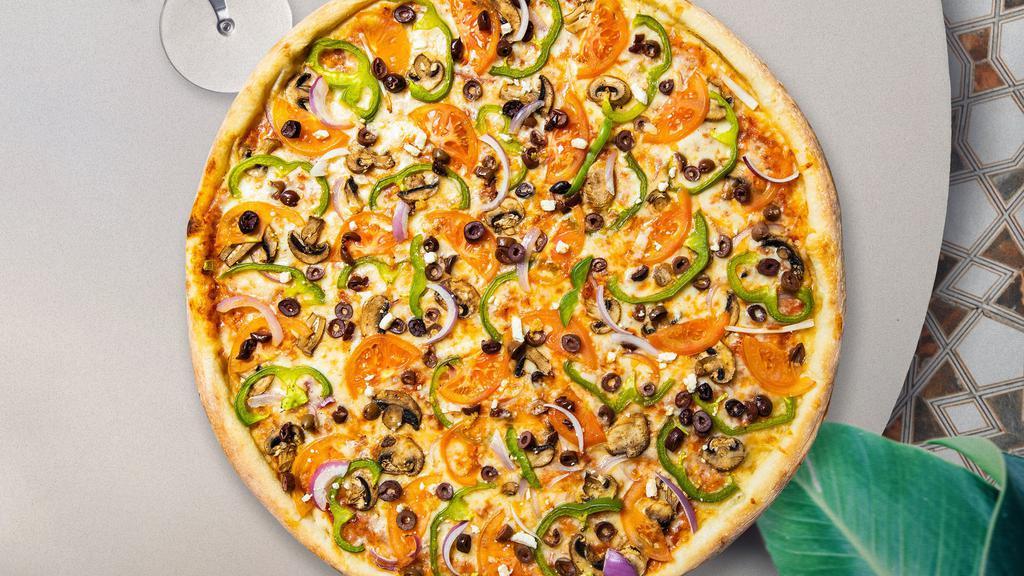 Veggie In Vain Pizza · Onions, mushrooms, green peppers, black and green olives, extra  cheese.