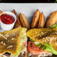 Jibarito Carne · Steak sandwich with lettuce, tomato, onions,  mayonnaise and optional cheese between 2 fried...