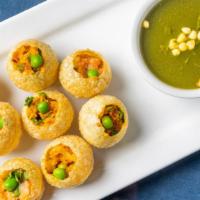 Pani Puri (6 Pieces) · Ball shaped hollow puri, filled with a mixture of flavored water tamarind chutney, chili pow...