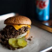 The Hang Loose · Seasoned Loose Ground Beef and Onions, American Cheese, over Toasted Bun-- served with musta...