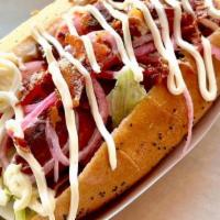 *Special*  Blt Dog · 100% Prime Beef Dog with bacon, lettuce, tomato, pickled red onion and garlic aioli on a pop...