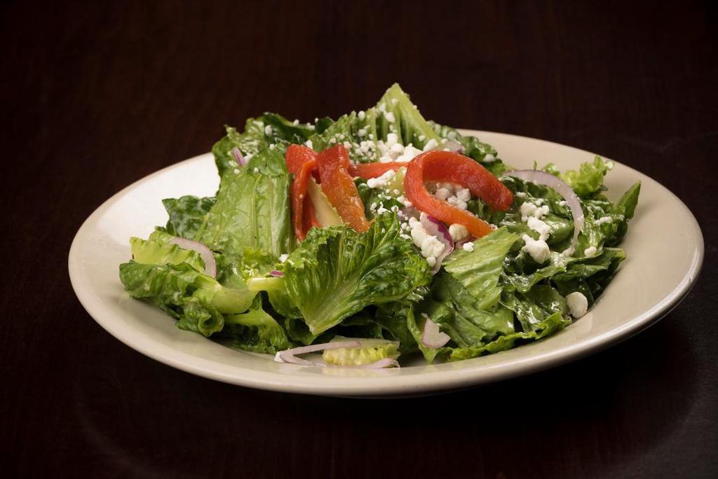 Santa Teresa Salad · Romaine lettuce, red onions, and goat cheese, tossed with a dijon vinaigrette and topped with roasted red peppers