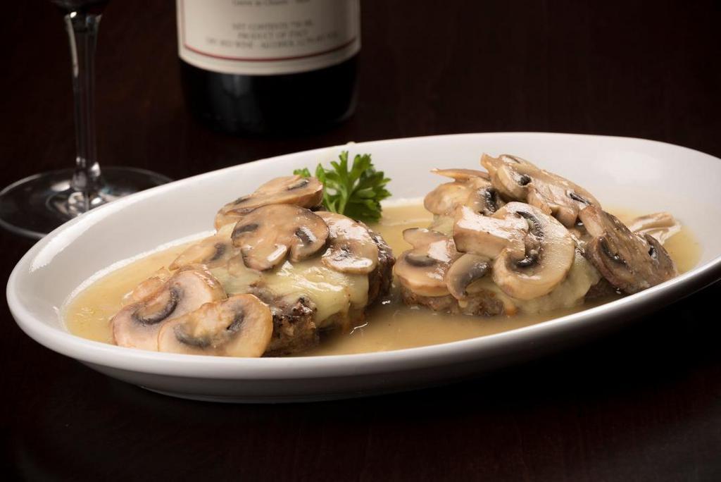 Bistecca Modiga · Two 4oz. beef tenderloin medallions lightly breaded, grilled, topped with provolone cheese, sauteed mushrooms and a white wine lemon butter sauce