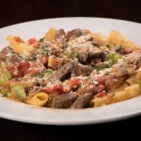 Rigatoni Angela · Beef tenderloin tips sauteed with green peppers, mushrooms, tomatoes, garlic and touch of ma...